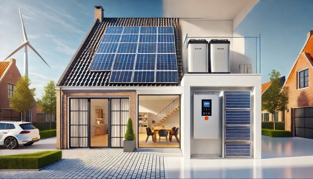 Thuisbatterij voor zonnepanelen geïnstalleerd in garage naast zonnepanelen systeem
