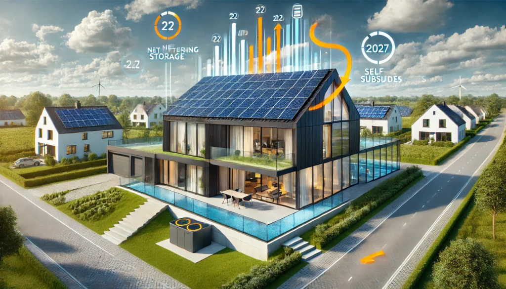 Bovenaanzicht Nederlands huis met zonnepanelen op dak zonder salderingsregeling 2027