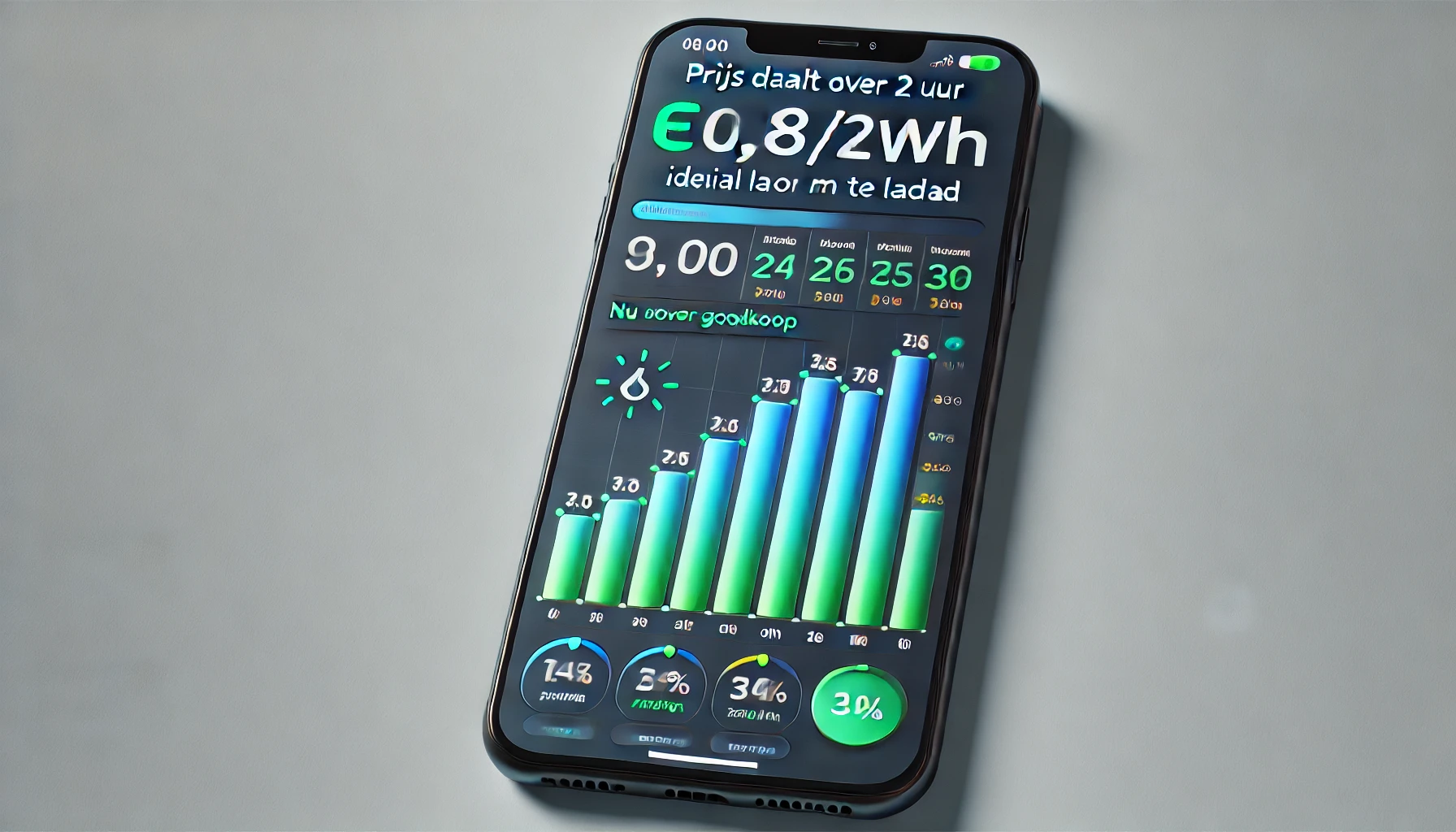 Voorbeeld app-interface voor monitoring van dynamische energieprijzen met prijsvoorspelling en notificaties