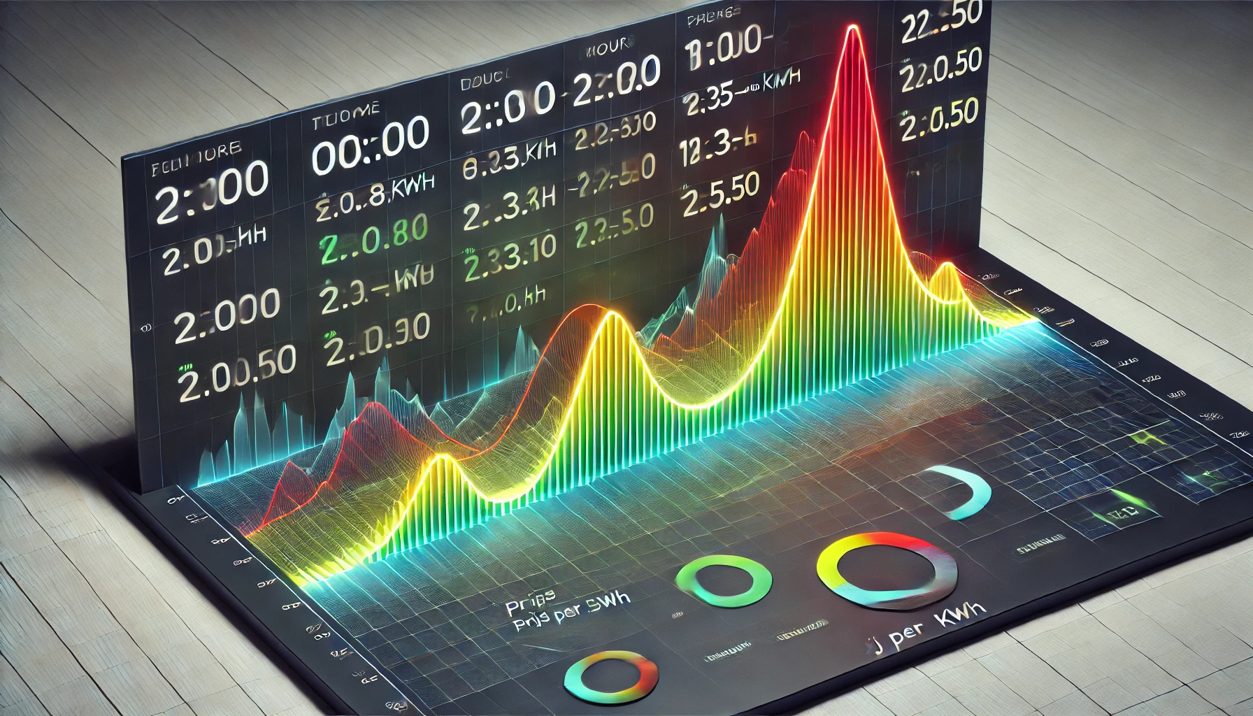 Grafiek van dynamische energieprijzen per uur met groene dalen 's nachts en rode pieken 's ochtends en 's avonds