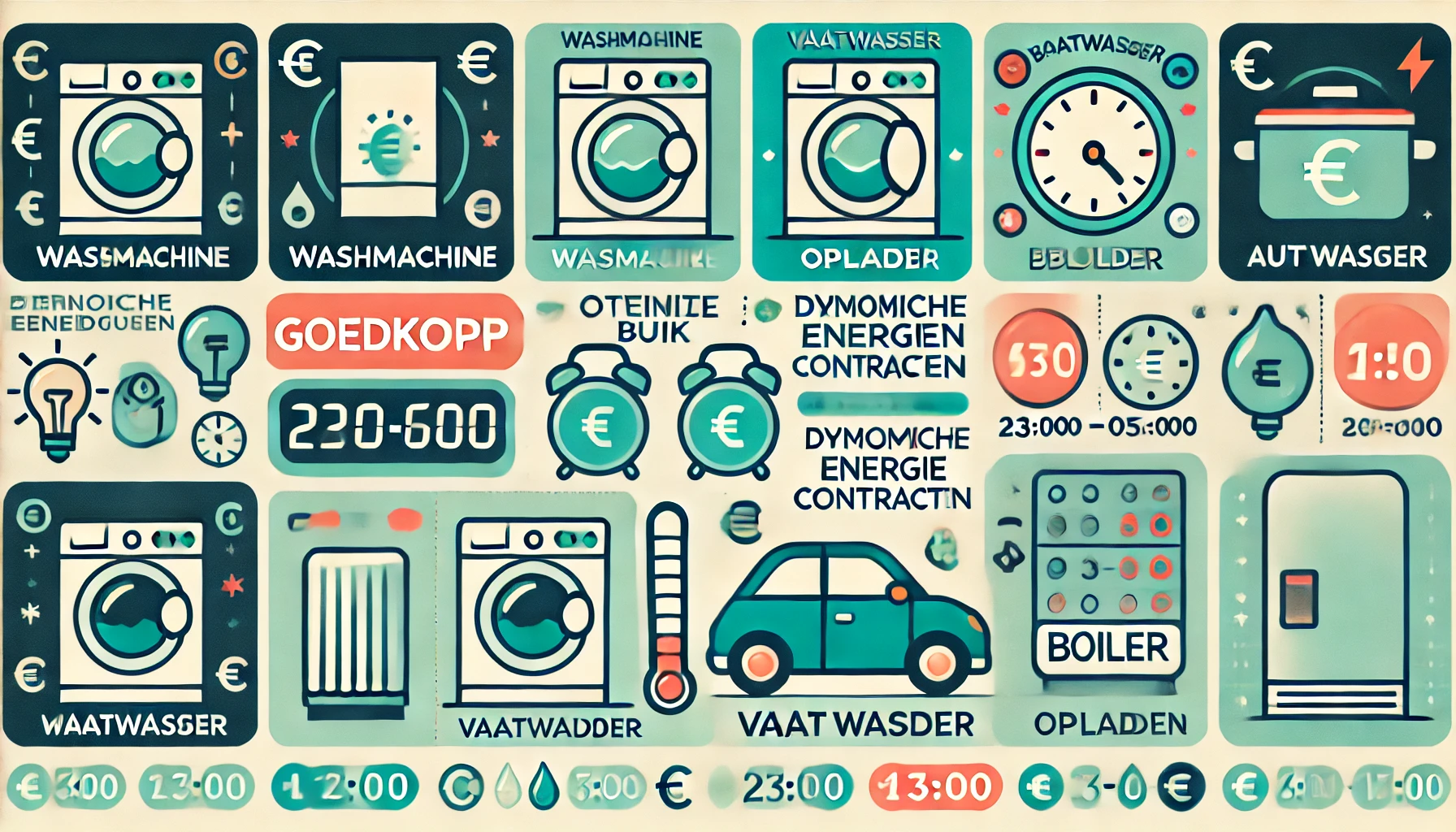 Infographic wanneer apparaten in te schakelen met dynamisch contract: goedkoop 's nachts en overdag, duur tijdens piektijden